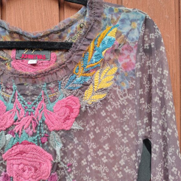 BIYA JOHNNY WAS | Sheer Mesh Floral Embroidered Balloon Sleeve Brown Dress S - Picture 5 of 16